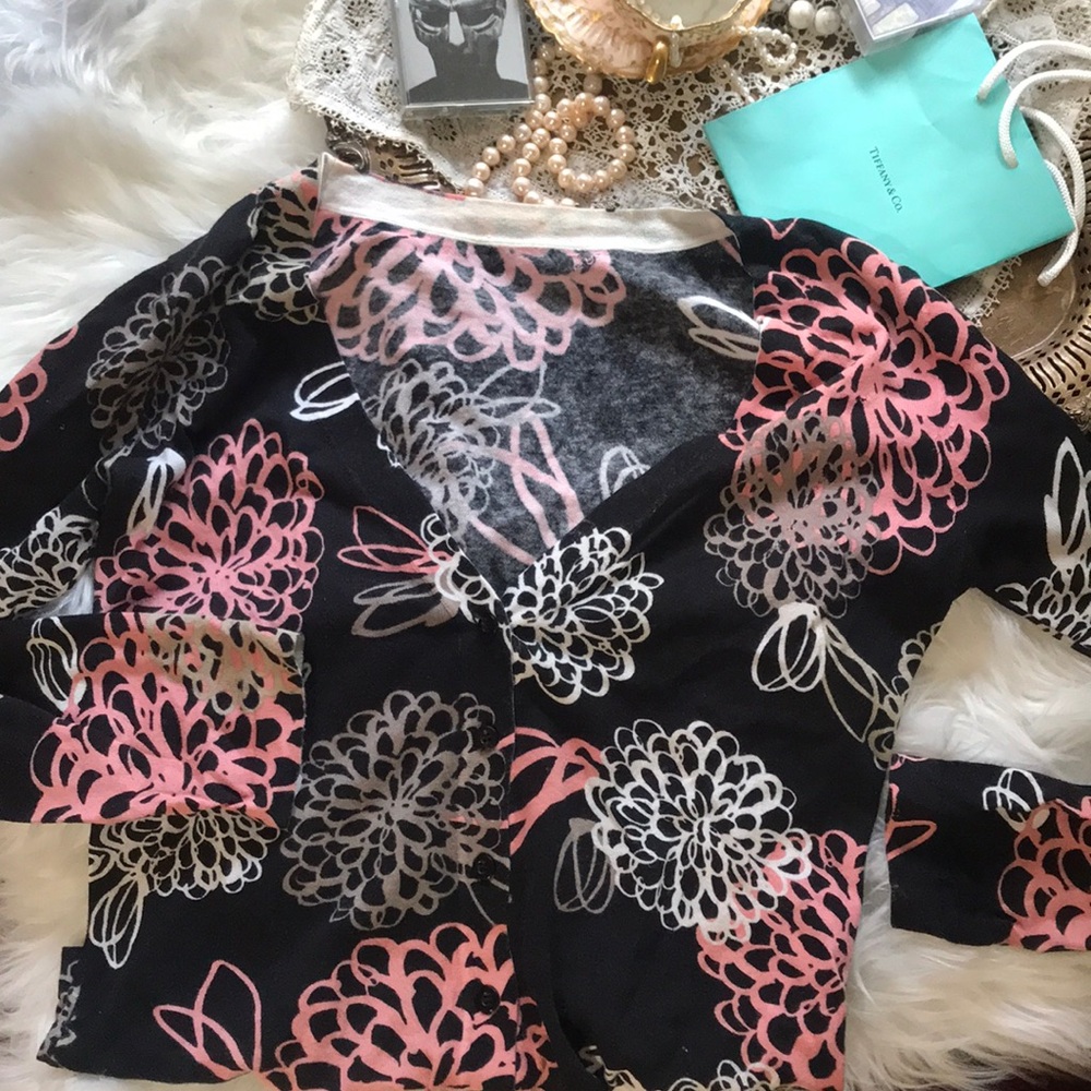Garnet Hill Cotton Printed Floral Cardi Cardigan Sweater Pink Black White Small